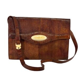 Brown Lizard-Embossed Leather Shoulder Bag with Gold Accent